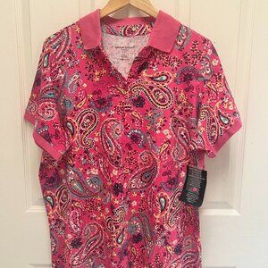 Woman Within Polo Shirt 1X Short Sleeve Pink Paisley and Floral NWT